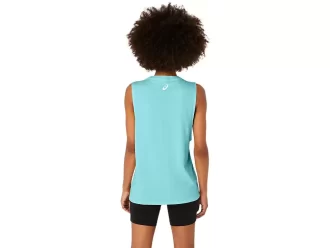 Camiseta regata feminina Asics Sun in the Sky com slogan.