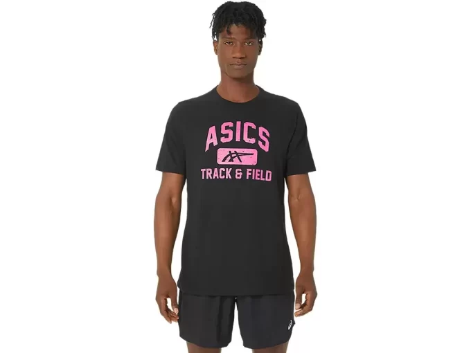 Camiseta unissex ASICS de atletismo com estampa.