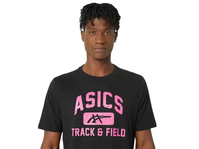 Camiseta unissex ASICS de atletismo com estampa.